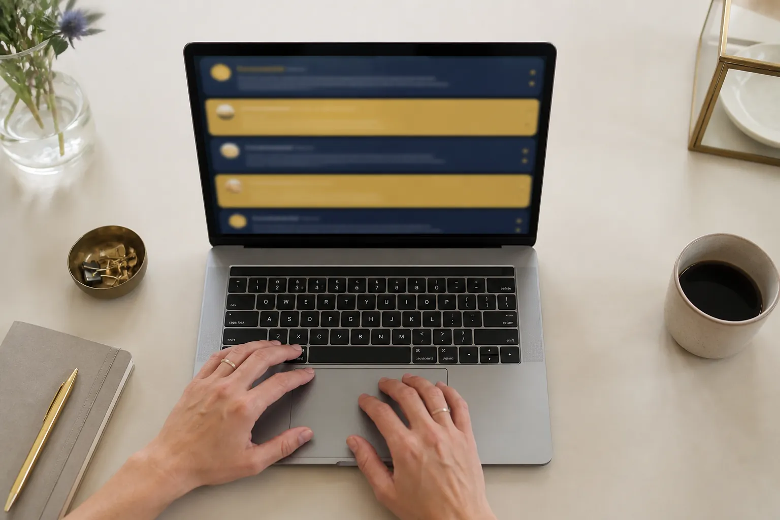 Hands at a laptop reviewing a queue of drafts before publish