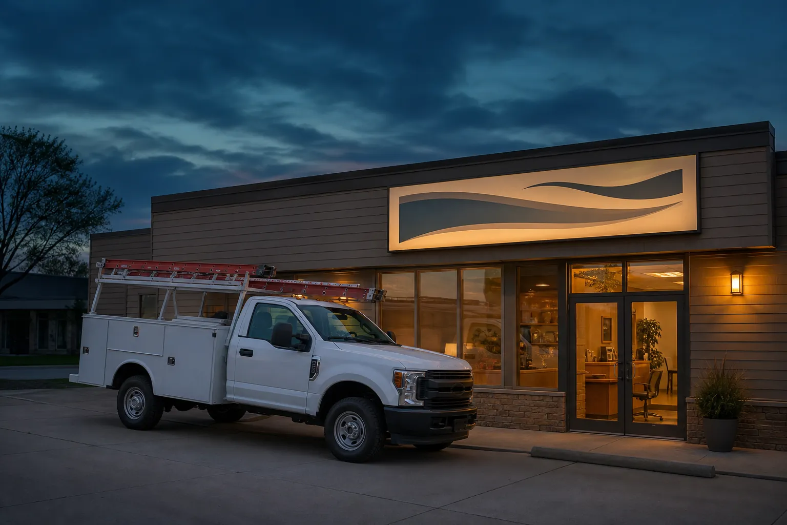 A local service shop at dusk, the kind of operator the local stack is built for